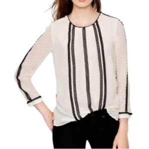 J. Crew Black lace-trim Swiss dot Silk Blend long sleeve Cream Blouse Size 2
